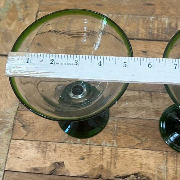 Mexican Hand Blown Martini Glasses Green Rim 7.25" Tall Set of 3 - Picture 8 of 11